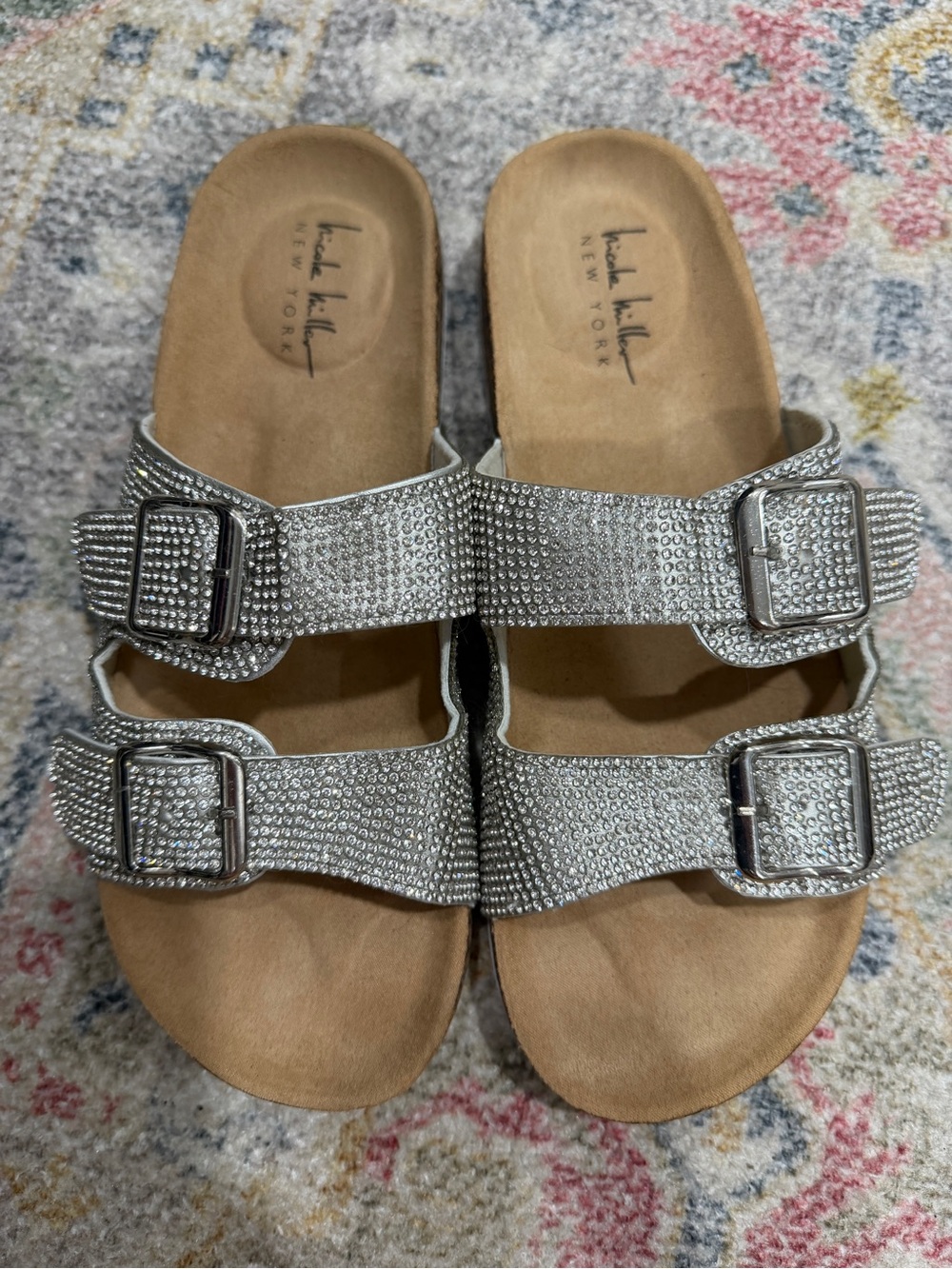 Nicole Miller Silver Crystal Double-Buckle Slide Sandals - Picture 2 of 4